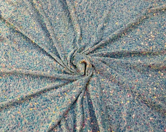 Iridescent Baby Blue Sequin Stretch Velvet Fabric: 5mm Shining Sequins