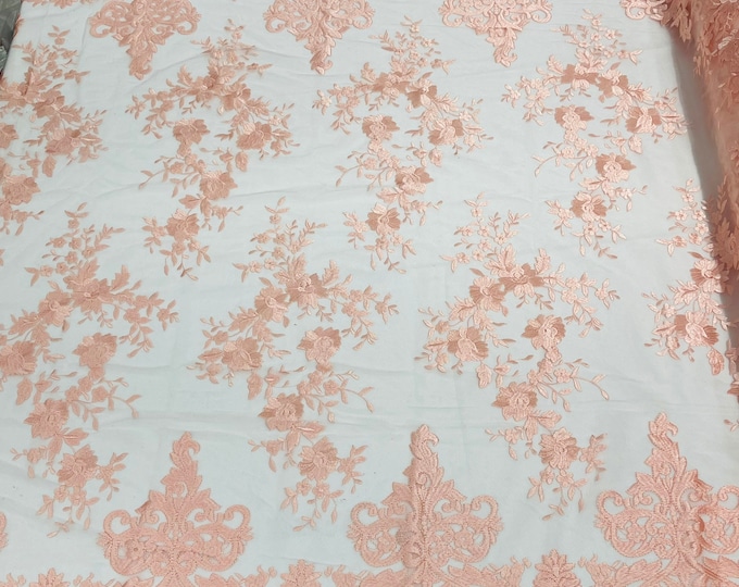 Blush Pink Bridal Lace - by the yard - Damask Design Embroidered on Mesh Lace Fabric, Floral Wedding Dress (Pick a Size)
