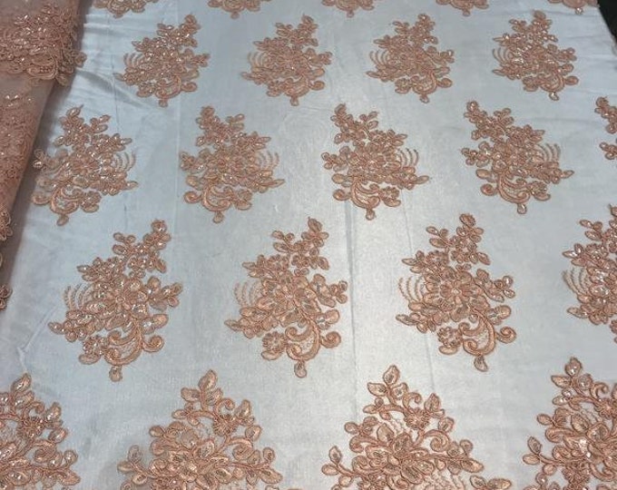Flower Lace Fabric - Light Peach Floral Clusters Embroidered Lace Mesh Fabric Sold By The Yard