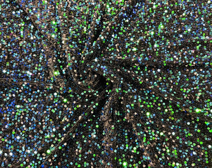Iridescent Green Sequin on Black Stretch Velvet With Luxury Sequins all Over 5mm Shining Sequins 2-way Stretch 58/60” (Choose The Quantity)