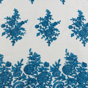 Turquoise Floral Embroidered Lace Fabric: Scalloped Edge Mesh, Bridal Wedding Dress