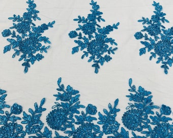 Turquoise Floral Embroidered Lace Fabric: Scalloped Edge Mesh, Bridal Wedding Dress