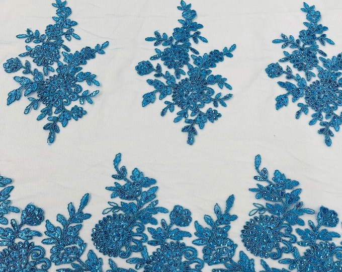 Turquoise Lace Fabric | Flower Design Embroidered on Mesh Lace Fabric, Floral Bridal Lace Wedding Dress by the Yard (Pick a Size)