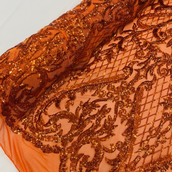 Burnt Orange Hologram Sequins Fabric | 4 Way Stretch Mesh | Embroidered Damask Design With Sequin Lace Prom-Gown by the yard