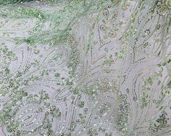 Sage Green Fashion Design Beads and Sequins, Luxury Beaded Fabric Embroidered on a Mesh Lace,Wedding,Bridal,Dress Sold By The Yard