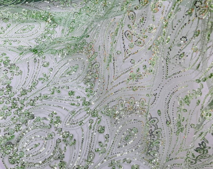 Sage Green Fashion Design Beads and Sequins, Luxury Beaded Fabric Embroidered on a Mesh Lace,Wedding,Bridal,Dress Sold By The Yard
