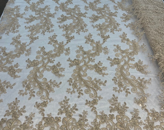 Champagne - Floral Lace Fabric, Embroidery With Sequins on a Mesh Lace Fabric By The Yard For Gown, Wedding-Bridal (Choose The Quantity)