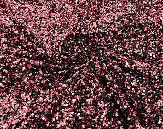 Dusty Rose Sequin Fabric on Black Stretch Velvet - by the yard - all Over 5mm Sequins Velvet 2-way Stretch 58/60”