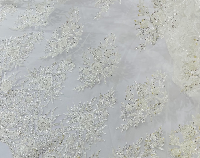 Ivory Beaded Lace Fabric: Embroidered Mesh, Bridal Wedding Dress - Sold By The Yard
