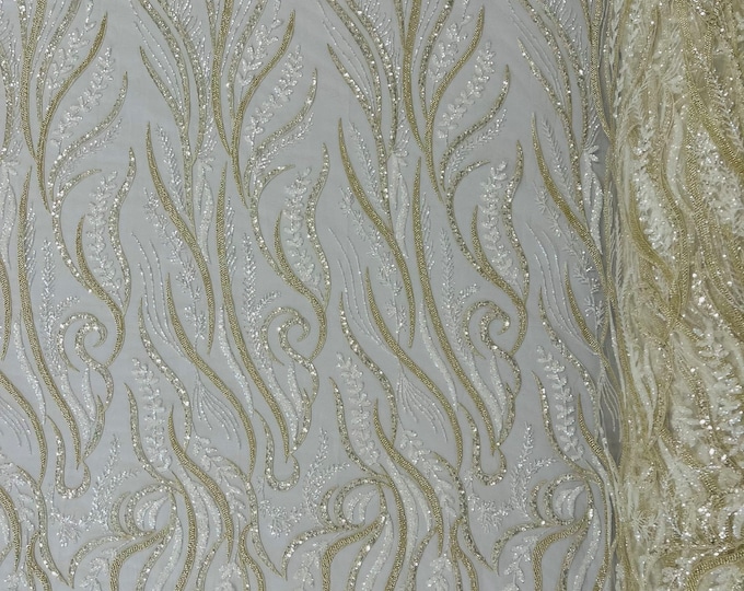 Ivory Beaded Fabric by the yard, Embroidered With Beaded Sequin on a Mesh, Floral Bridal Lace Fabric (Pick a size )