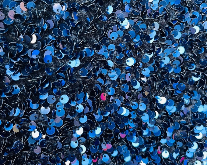 Navy Blue Sequin on Black Stretch Velvet With Luxury Sequins all Over 5mm Shining Sequins 2-way Stretch 58/60” (Choose The Size)