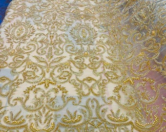Gold Beaded Damask Fabric: Bridal Appliqué Lace By The Yard
