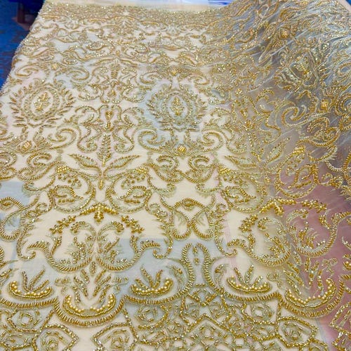 Gold Beaded Damask Fabric: Bridal Appliqué Lace By The Yard
