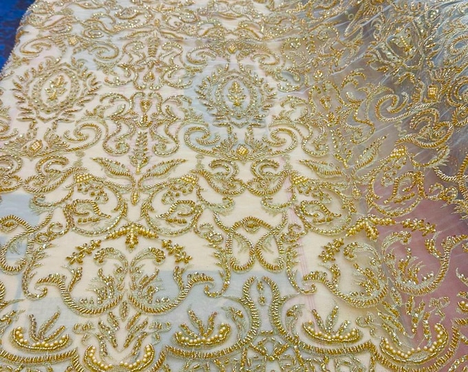 Gold Beaded Fabric by the yard, Bridal Heavy beaded, Damask Pattern With Beads and Sequin, Appliqué lace for bridals,weddings