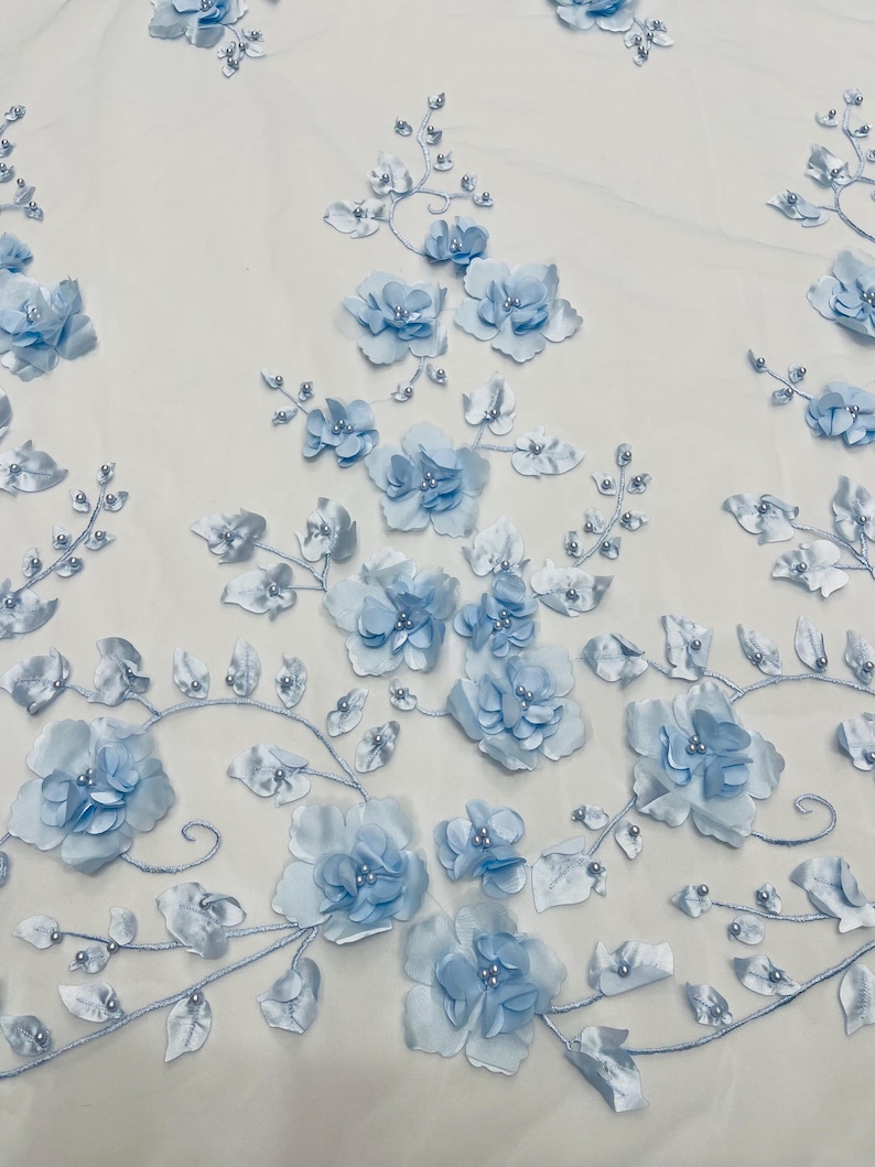 Baby Blue 3D Floral Lace Fabric With Pearls: Embroidered Mesh, Prom ...