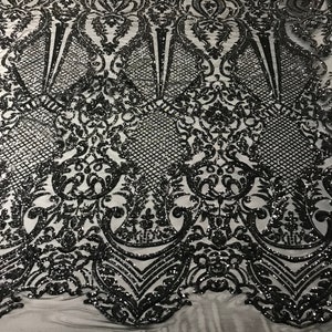 Black Sequin Lace Fabric: Damask Embroidered Mesh, Prom Gown Material