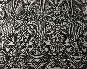 Black Sequin Lace Fabric: Damask Embroidered Mesh, Prom Gown Material