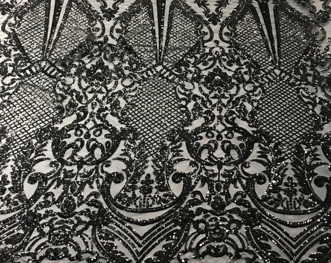 Sequins Black Lace Fabric, DAMASK Design Embroidered on a Mesh 4 way Stretch Sequin By The Yard -Prom-Gown ( Choose The Size )