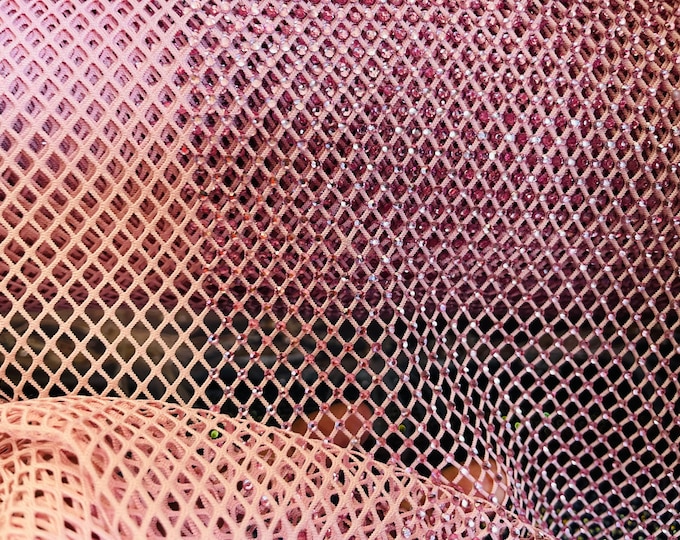 Dusty Rose Rhinestone Fabric On Rose Stretch Net Fabric, Spandex Fish Net with Crystal Stones sold by the yard