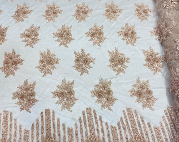 Lt Peach Beaded Fabric, Hand Embroidered Lace Bridal Floral On a Mesh Dress Fabric with Beads By The Yard