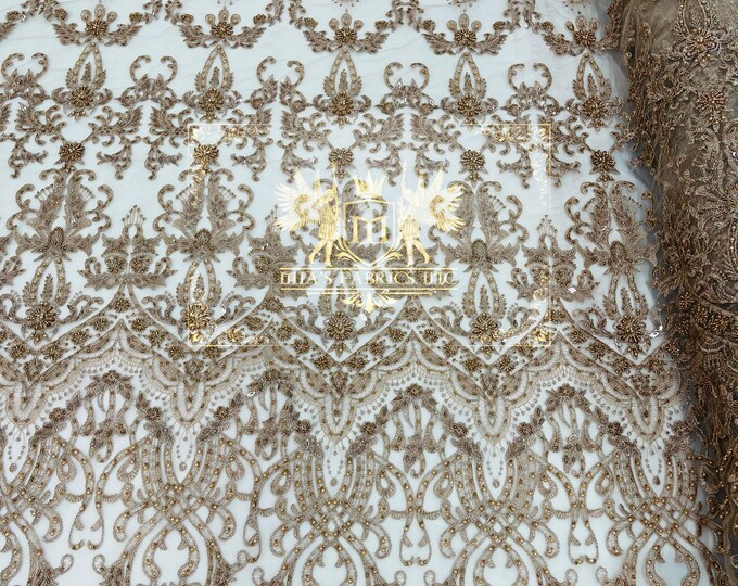 Skin/Taupe Design Glam Damask Beaded Fabric, Embroidered Fashion Fabric with Beads Wedding Bridal Sold By Yard