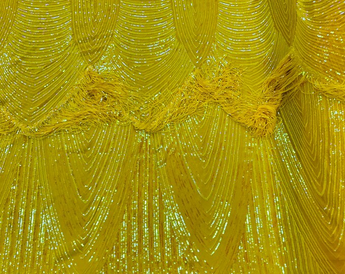 Iridescent Yellow Fringe Sequins on Nude Mesh, Fringe Design Embroidered on a Mesh 4way Stretch Fancy Sequin-Prom-Gown ( Choose The Size )