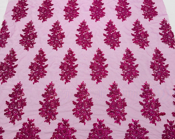 Magenta Floral Lace Fabric - by the yard - Embroidery With Sequins on a Mesh Lace Fabric For Wedding-Bridal