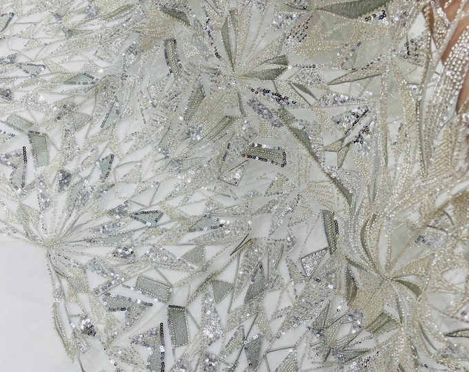 Silver Beaded Lace Fabric: Geometric Sequins on Mesh, Bridal Wedding Dress