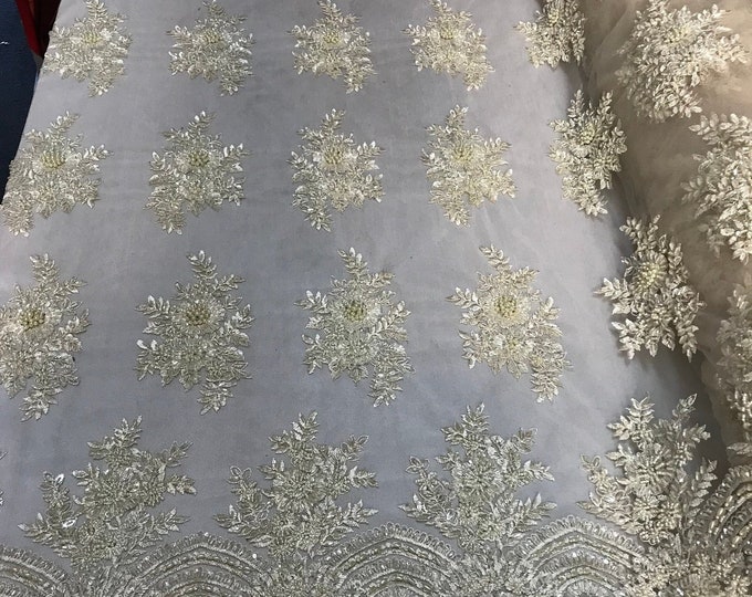 Cream/ivory Mesh Hand Beaded Lace, Embroidered Floral Design Fancy Sequins Fabric with Beads Sold in Many Colors By The Yard