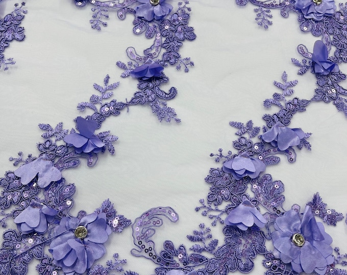 Lilac 3D Floral-Flower Lace Fabric | by the yard | Embroidered With Sequins & Rhinestone 3D Flower| Lace Floral | Bridal Wedding