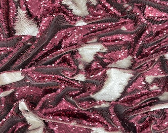 Burgundy/Matte Beige Sequins Fabric: 2-Way Stretch Flip-Up Reversible Sequin