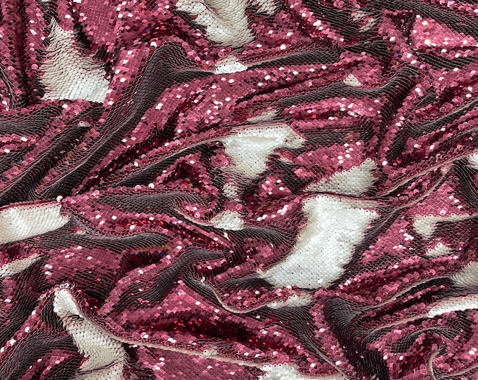 Burgundy/Matte Beige Sequins Fabric: 2-Way Stretch Flip-Up Reversible Sequin