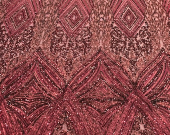 Burgundy Geometric Sequins Fabric - 4 Way Stretch - Sold By The Yard