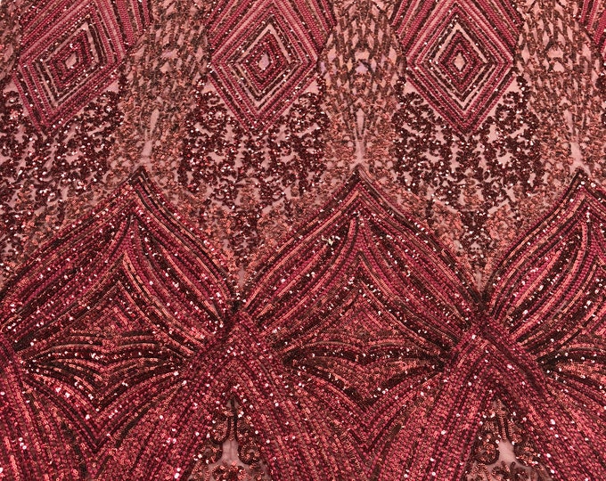 Burgundy Sequins - 4 Way Stretch Geometric Sequins - Nova Design Triangular Fabric for Prom Gala Gown Sold By The Yard