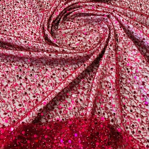 Burgundy Embroidery Beaded Fabric By The Yard With Sequin Fabric, Sequin on Mesh Fabric, Handmade Lace, Beads on a Mesh