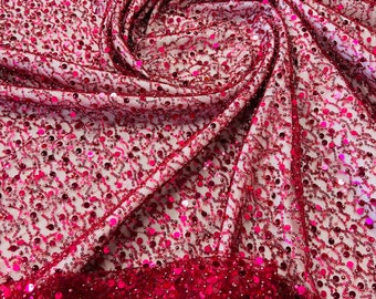 Burgundy Embroidery Beaded Fabric By The Yard With Sequin Fabric, Sequin on Mesh Fabric, Handmade Lace, Beads on a Mesh