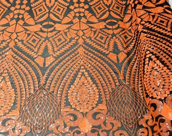 Neon Orange Iridescent Sequins Fabric - Geometric Bella Design on Black Mesh