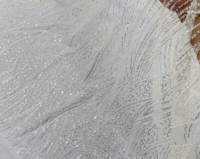 Ivory Beaded Lace Fabric: Embroidered Mesh, Bridal Wedding Dress - Sold By The Yard