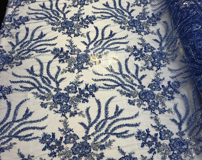 Royal Blue Hand Beaded Lace, Embroidered Floral Design Fancy Sequins Fabric with Beads Sold in Many Colors By The Yard