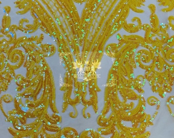 Yellow Iridescent Damask Sequins Fabric, 4-Way Stretch Spandex Mesh, By The Yard