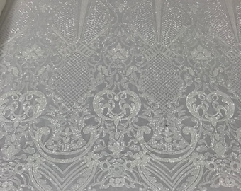 Sequins White Lace Fabric, DAMASK Design Embroidered on a Mesh 4 way Stretch Sequin By The Yard -Prom-Gown ( Choose The Size )
