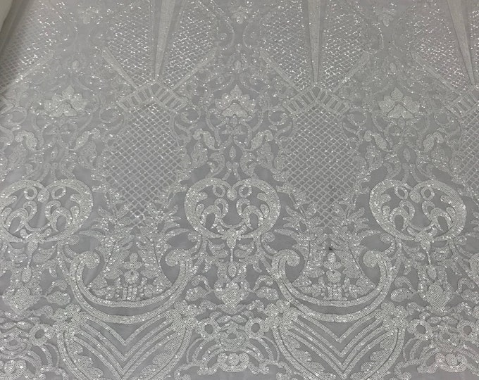 Sequins White Lace Fabric, DAMASK Design Embroidered on a Mesh 4 way Stretch Sequin By The Yard -Prom-Gown ( Choose The Size )