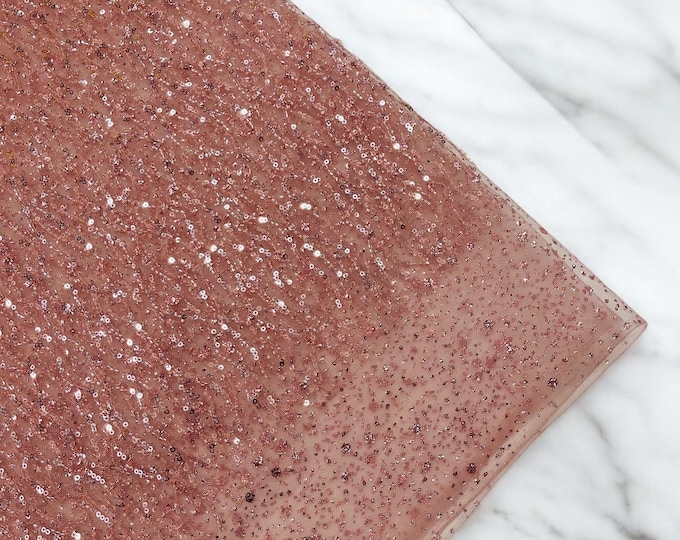 Dusty Rose Sparkling Glitter Beads Sequin Fabric, Wave Design Glitter Beads, Beaded Fabric Embroidered on a Mesh Lace Wedding Bridal Dress