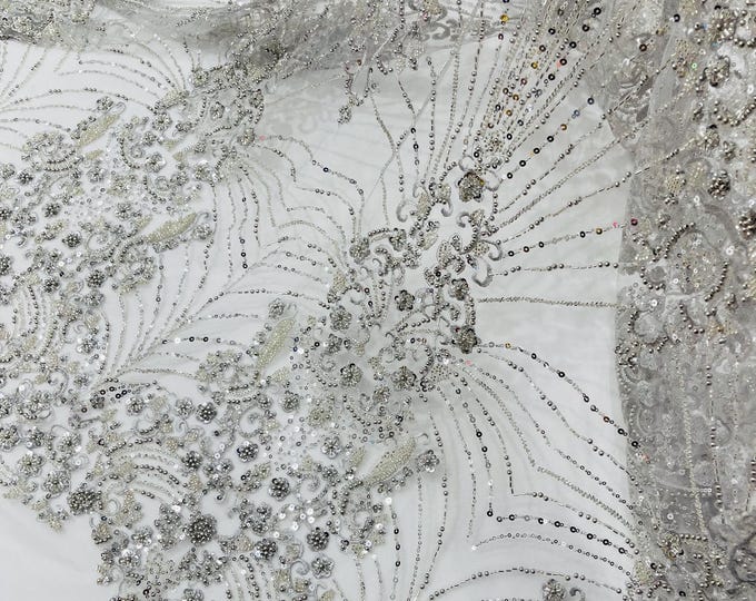 Silver Beaded Fabric By The Yard, Luxury Geometric Design Beads and Sequins, Embroidered on a Mesh Lace,Wedding,Bridal