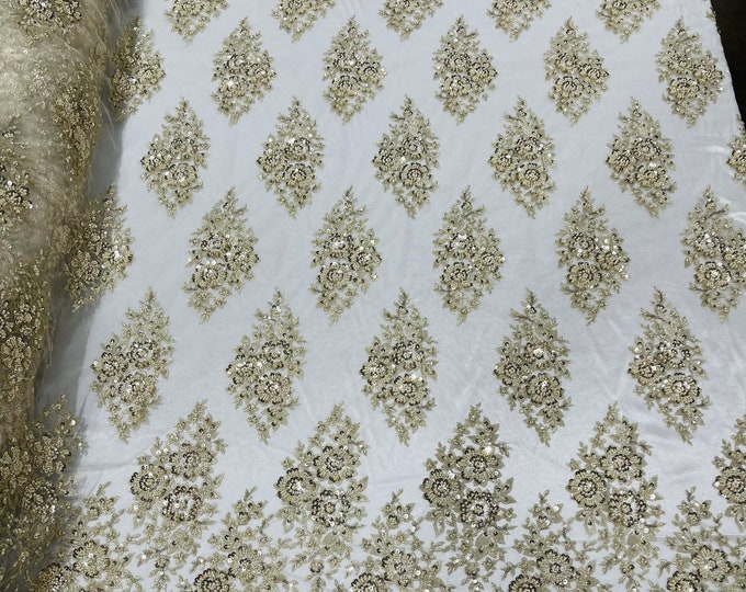 Beige Floral Cluster Beaded Fabric - Sold By The Yard - Embroidered Flower Beaded Fabric Wedding Bridal