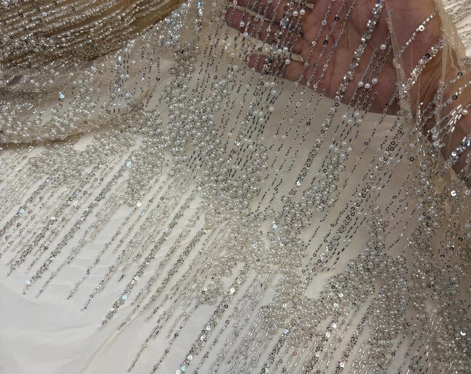 Nude Mesh Ivory Beaded Fabric | Fashion Pattern With Beads and Sequin, Bridal Pearls Prom Dress