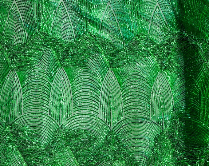 Green Fringe Sequins on a Mesh, Green Fringe Design Embroidered on 2 Way Stretch Fancy Sequin ( Choose The Size )