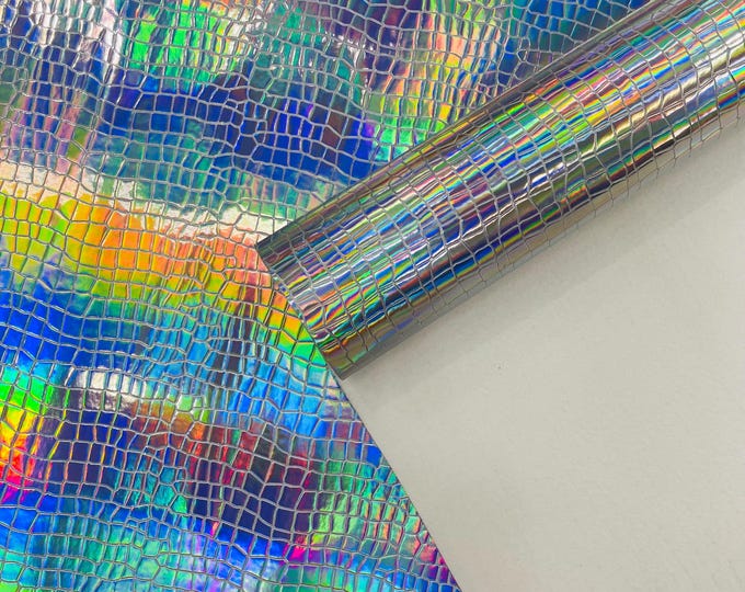 Silver Crocodile Holographic Embossed PVC Vinyl Fabric, Metallic Crocodile Vinyl Fabric By The Yard DIY Upholstery Accessories Applications
