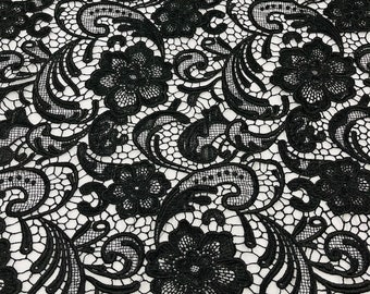 Mia Fabrics Inc, Black Guipure Lace Fabric Floral Bridal Lace Guipure Wedding Dress by the Yard (Pick a Size)