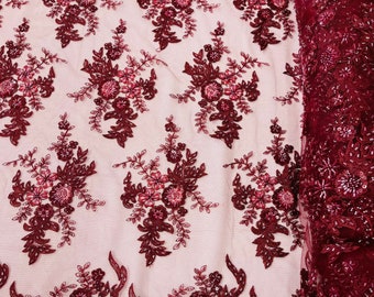 Burgundy Flower Cluster Beaded Fabric | by the yard | Embroidered Beaded Layered Border Fabric, Lace Beaded